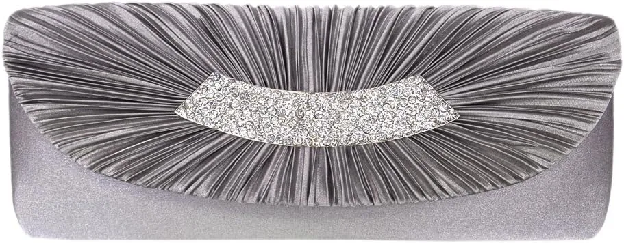 Elegant Pleated Satin Flap Crystal Clutch Evening Bag - Diff Colors Avail