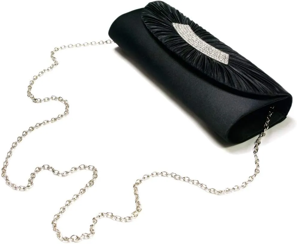 Elegant Pleated Satin Flap Crystal Clutch Evening Bag - Diff Colors Avail