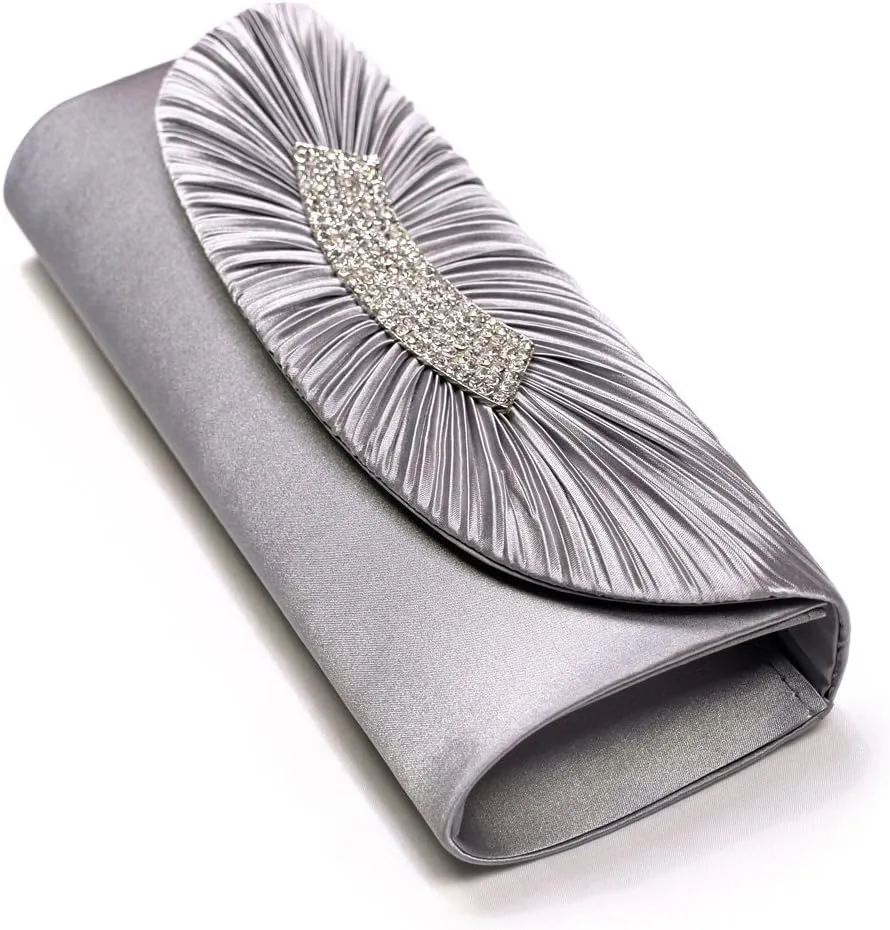 Elegant Pleated Satin Flap Crystal Clutch Evening Bag - Diff Colors Avail