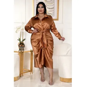 Elegant Satin Shirt Dress Plus Size Midi Dress for Evening Parties