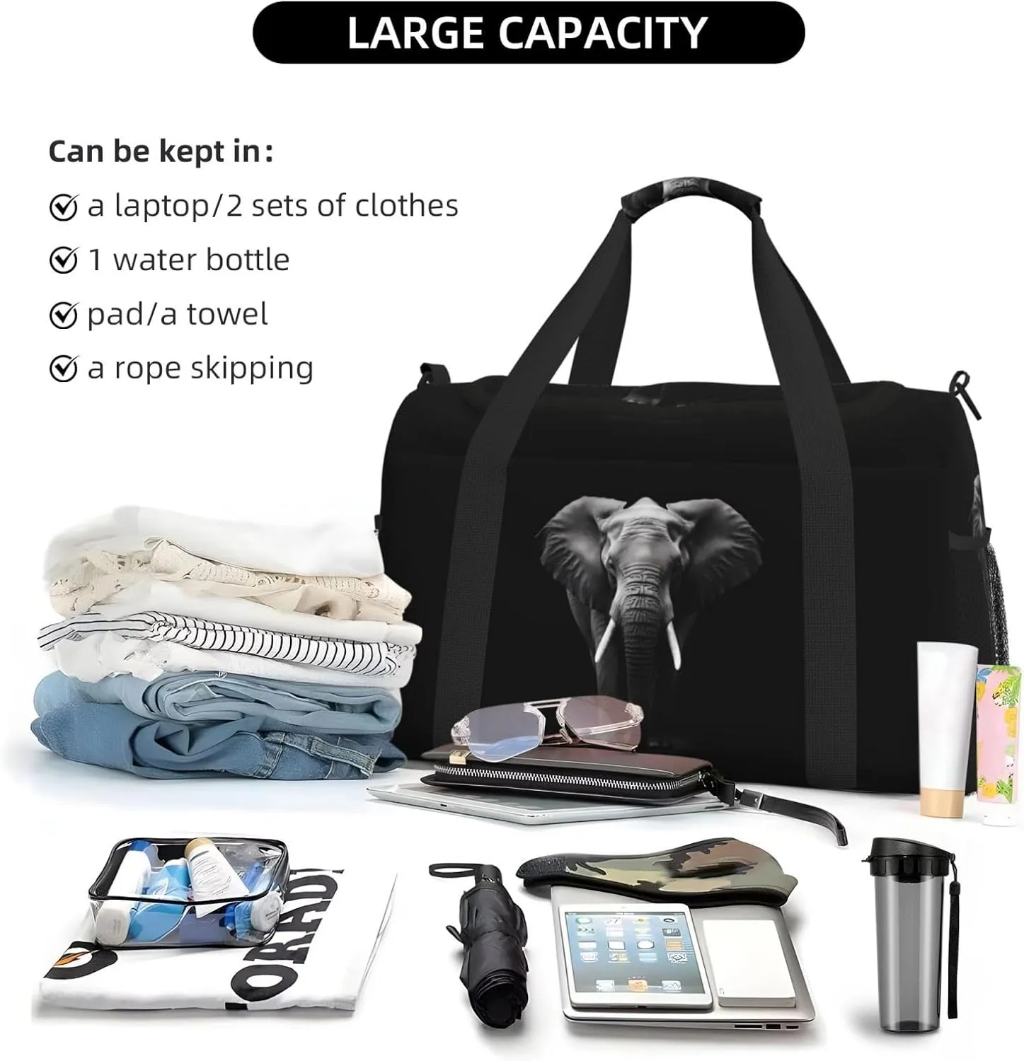 Elephant Black Travel Weekender Overnight Bags Foldable Hand Travel Bag Sport Gym Duffel Bag For Men Women
