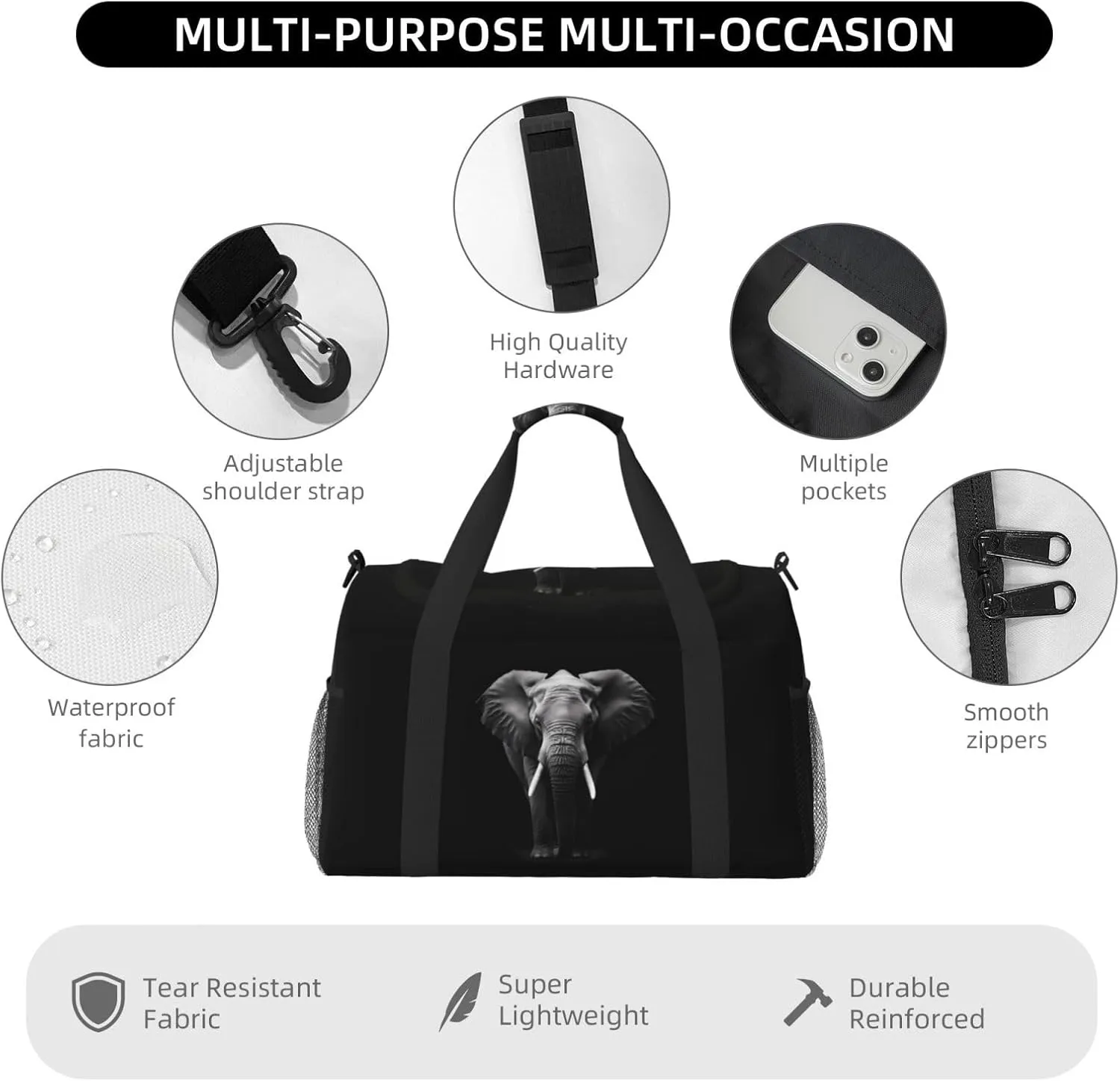 Elephant Black Travel Weekender Overnight Bags Foldable Hand Travel Bag Sport Gym Duffel Bag For Men Women