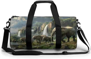 Elephants Walking Along Edge River Gym Bag Lightweight Duffel Bag Workout Bag Overnight Backpack Travel Bags for Men Women