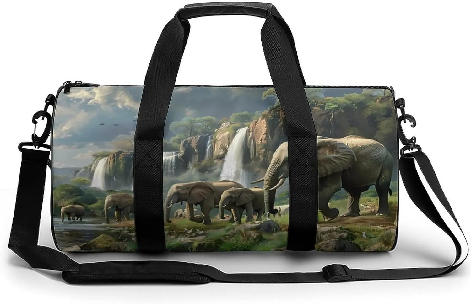 Elephants Walking Along Edge River Gym Bag Lightweight Duffel Bag Workout Bag Overnight Backpack Travel Bags for Men Women