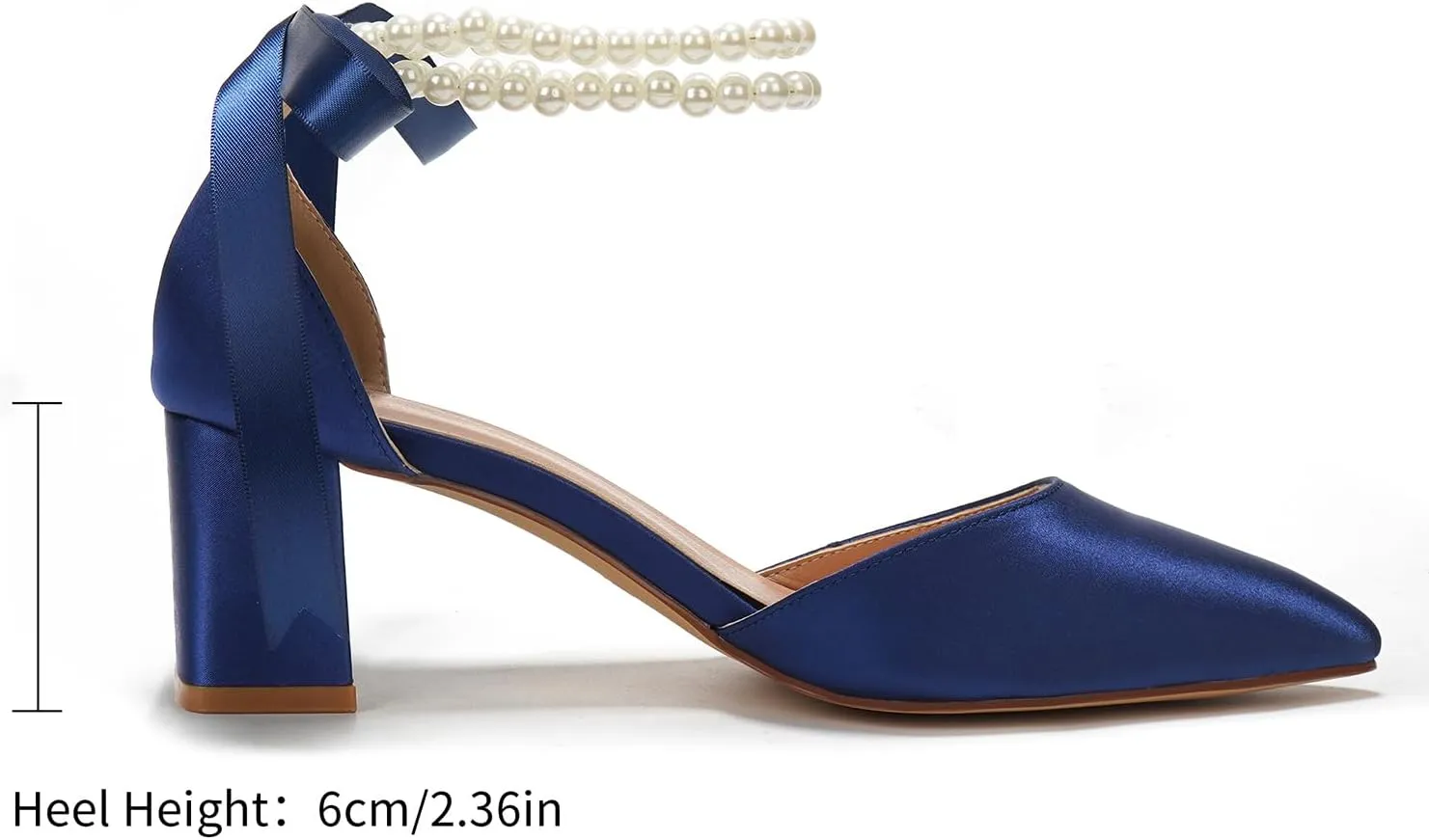 Elivandon J1585 Women's Satin Pointed Toe Mid-Heel Evening Sandals 2.36 inches Block Heel Bridal Party Wedding Pumps with Double Pearl Strap