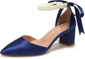 Elivandon J1585 Women's Satin Pointed Toe Mid-Heel Evening Sandals 2.36 inches Block Heel Bridal Party Wedding Pumps with Double Pearl Strap