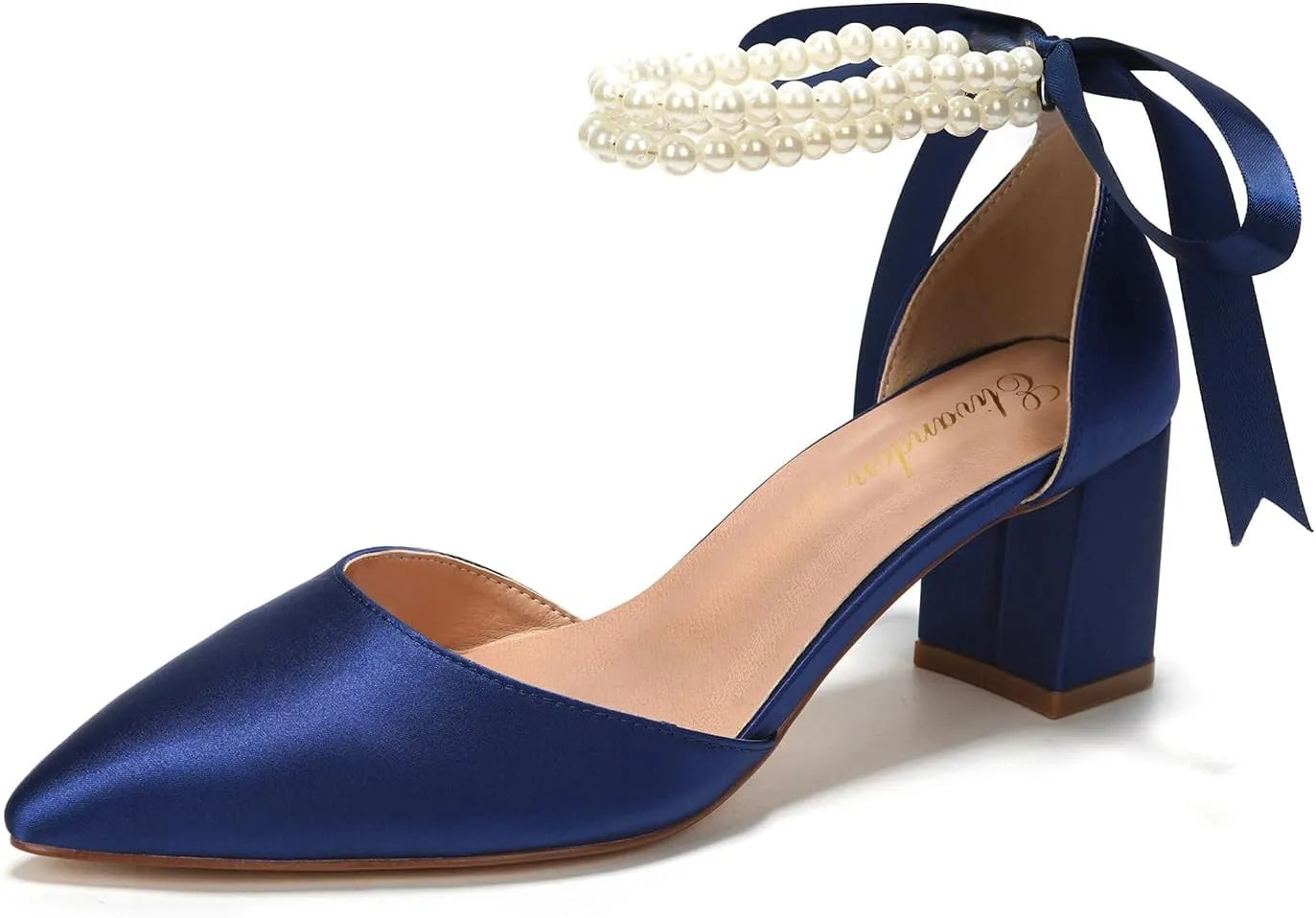Elivandon J1585 Women's Satin Pointed Toe Mid-Heel Evening Sandals 2.36 inches Block Heel Bridal Party Wedding Pumps with Double Pearl Strap