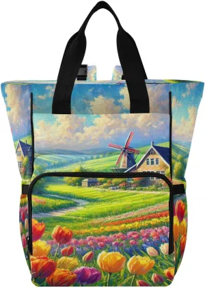 Emelivor Windmill Flowers Trees Diaper Bag Backpack Large Capacity with Insulated Pockets Baby Bag Diaper Bags for Boy Girl Travel Shopping Mom Dad