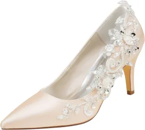 Emily Bridal Wedding Shoes Women's Silk Like Satin Stiletto Heel Pumps Stitching Lace Pearl