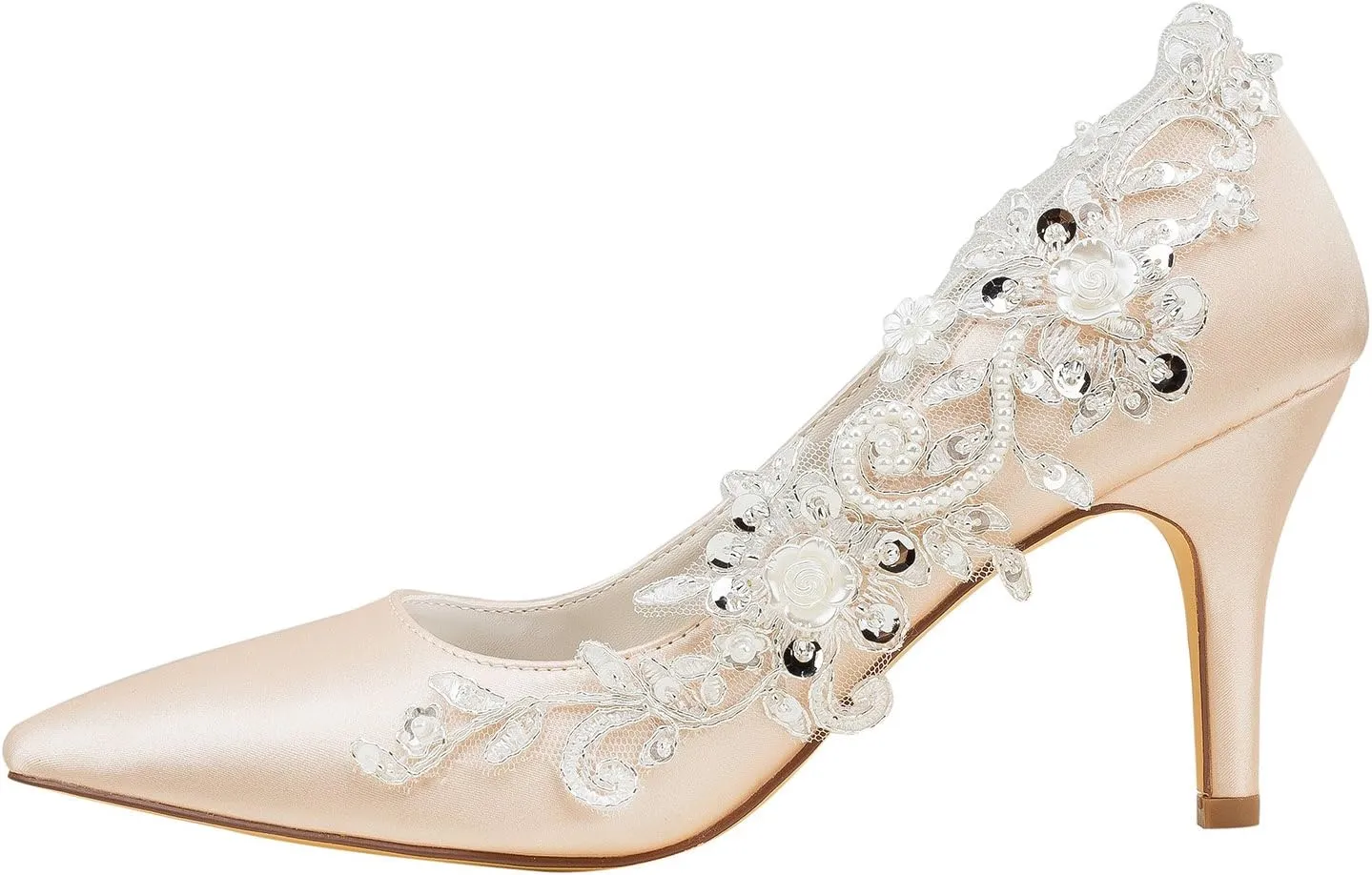 Emily Bridal Wedding Shoes Women's Silk Like Satin Stiletto Heel Pumps Stitching Lace Pearl