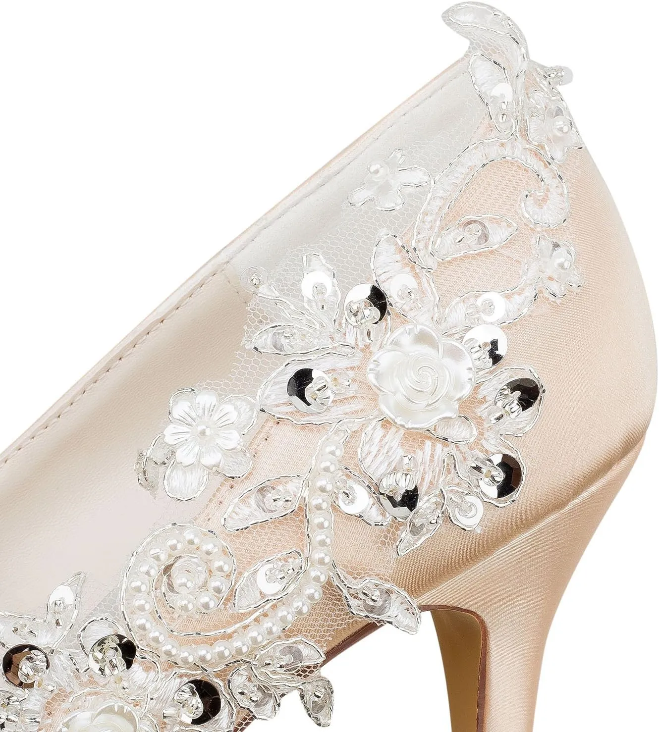 Emily Bridal Wedding Shoes Women's Silk Like Satin Stiletto Heel Pumps Stitching Lace Pearl