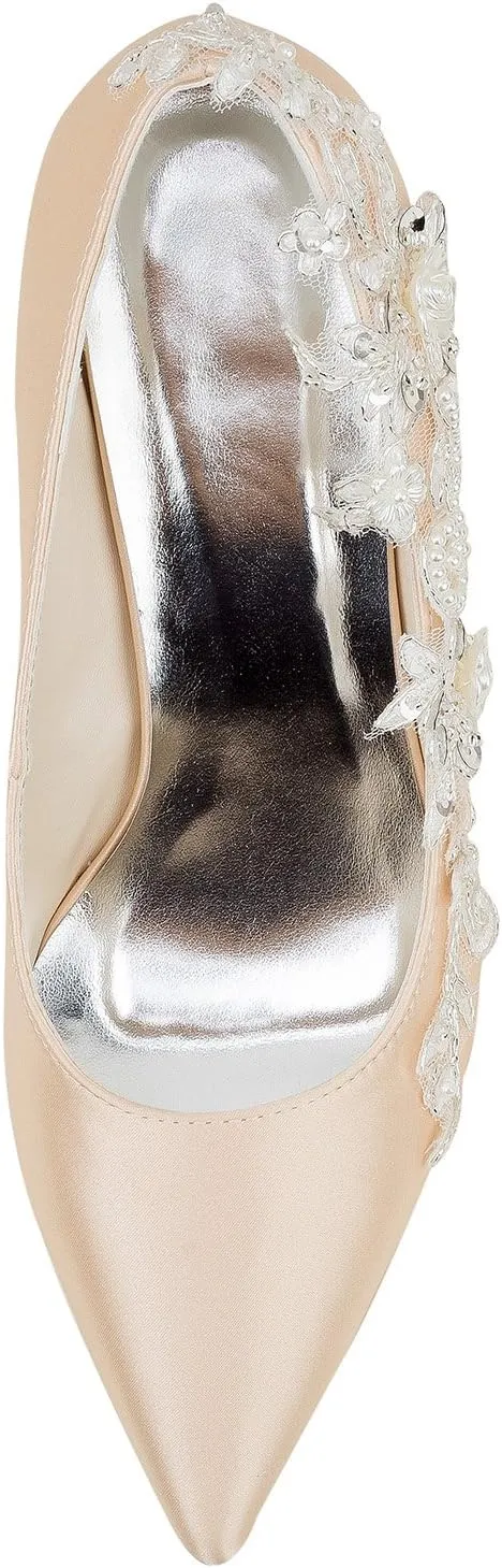 Emily Bridal Wedding Shoes Women's Silk Like Satin Stiletto Heel Pumps Stitching Lace Pearl