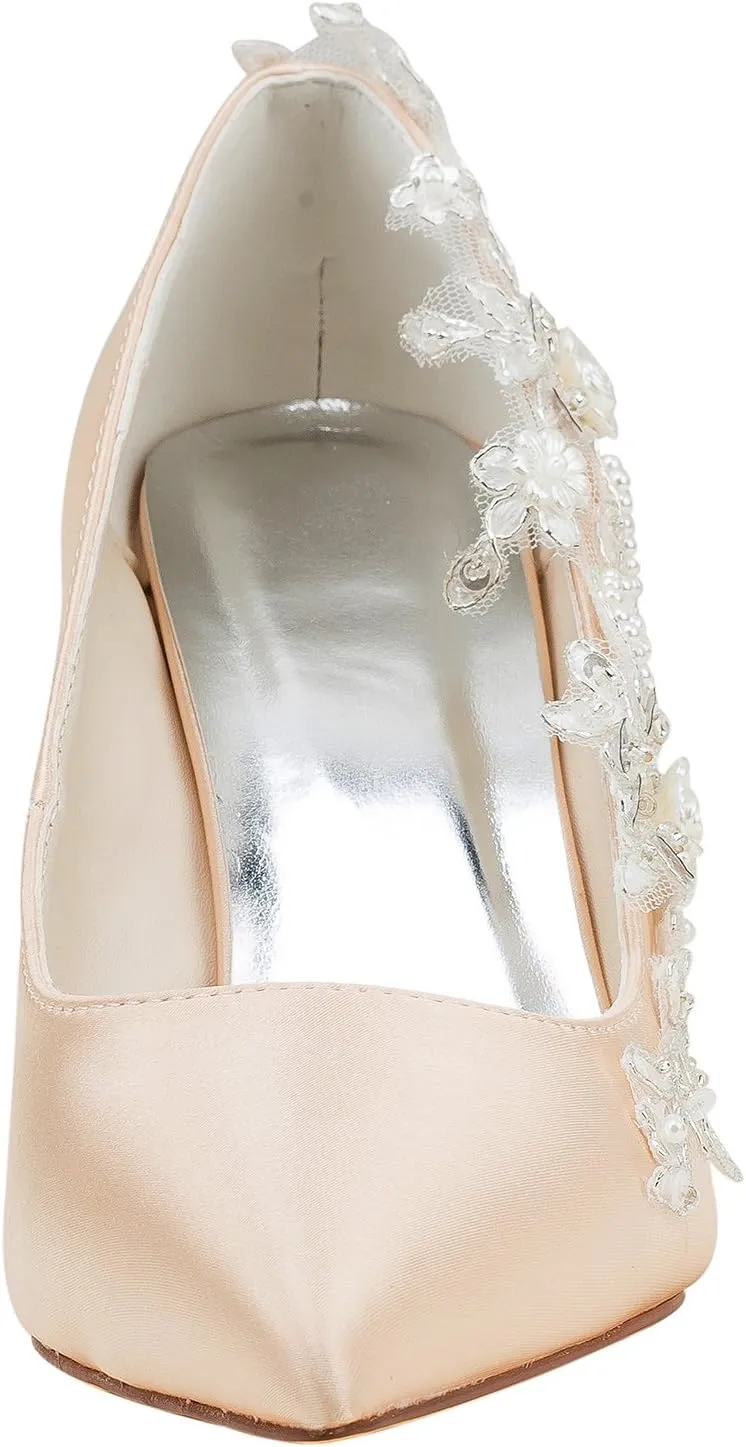 Emily Bridal Wedding Shoes Women's Silk Like Satin Stiletto Heel Pumps Stitching Lace Pearl