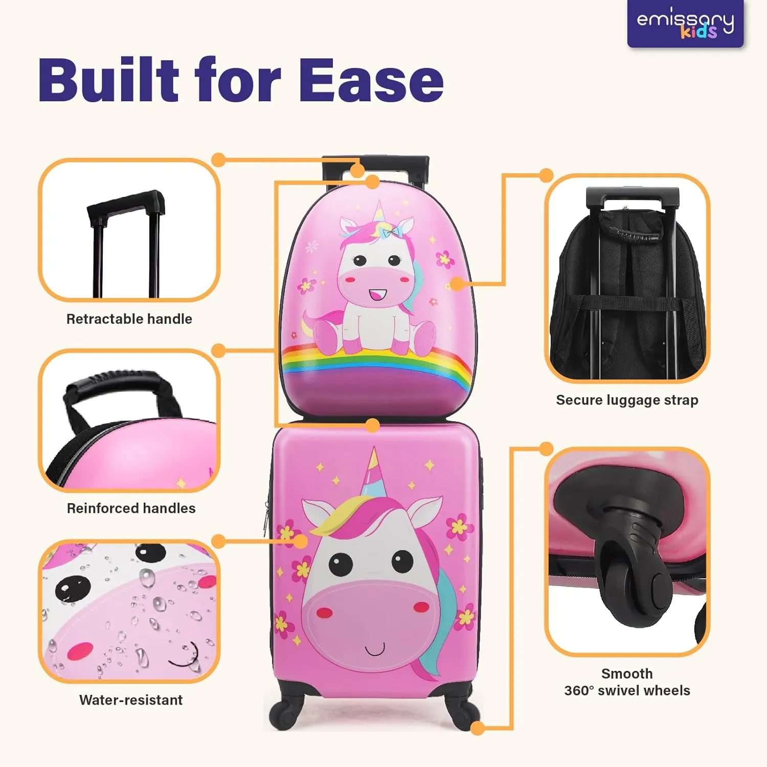 emissary 18” Unicorn Carry On Suitcase With Wheels For Kids Girls With 14” Backpack - Hard-Sided Rolling