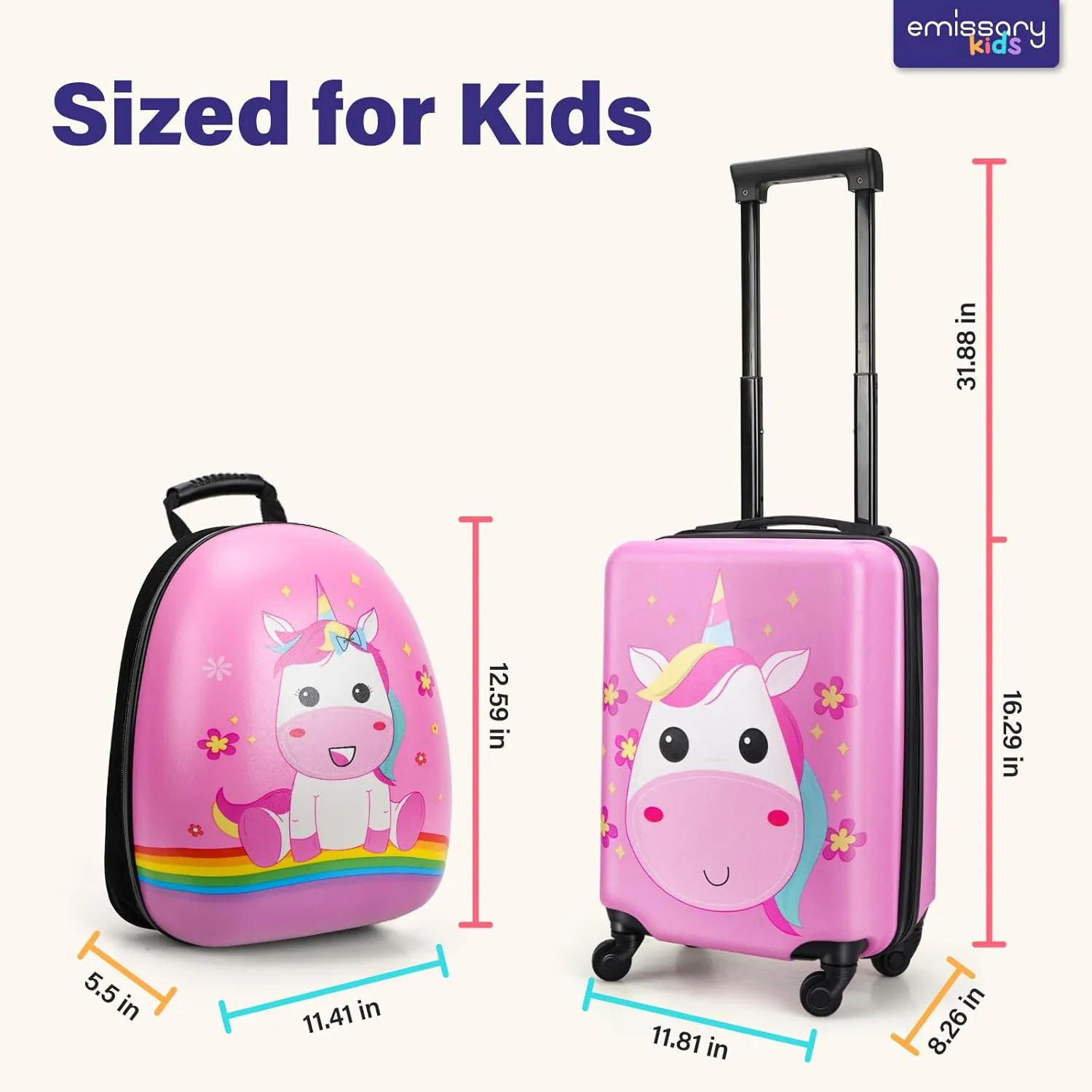 emissary 18” Unicorn Carry On Suitcase With Wheels For Kids Girls With 14” Backpack - Hard-Sided Rolling