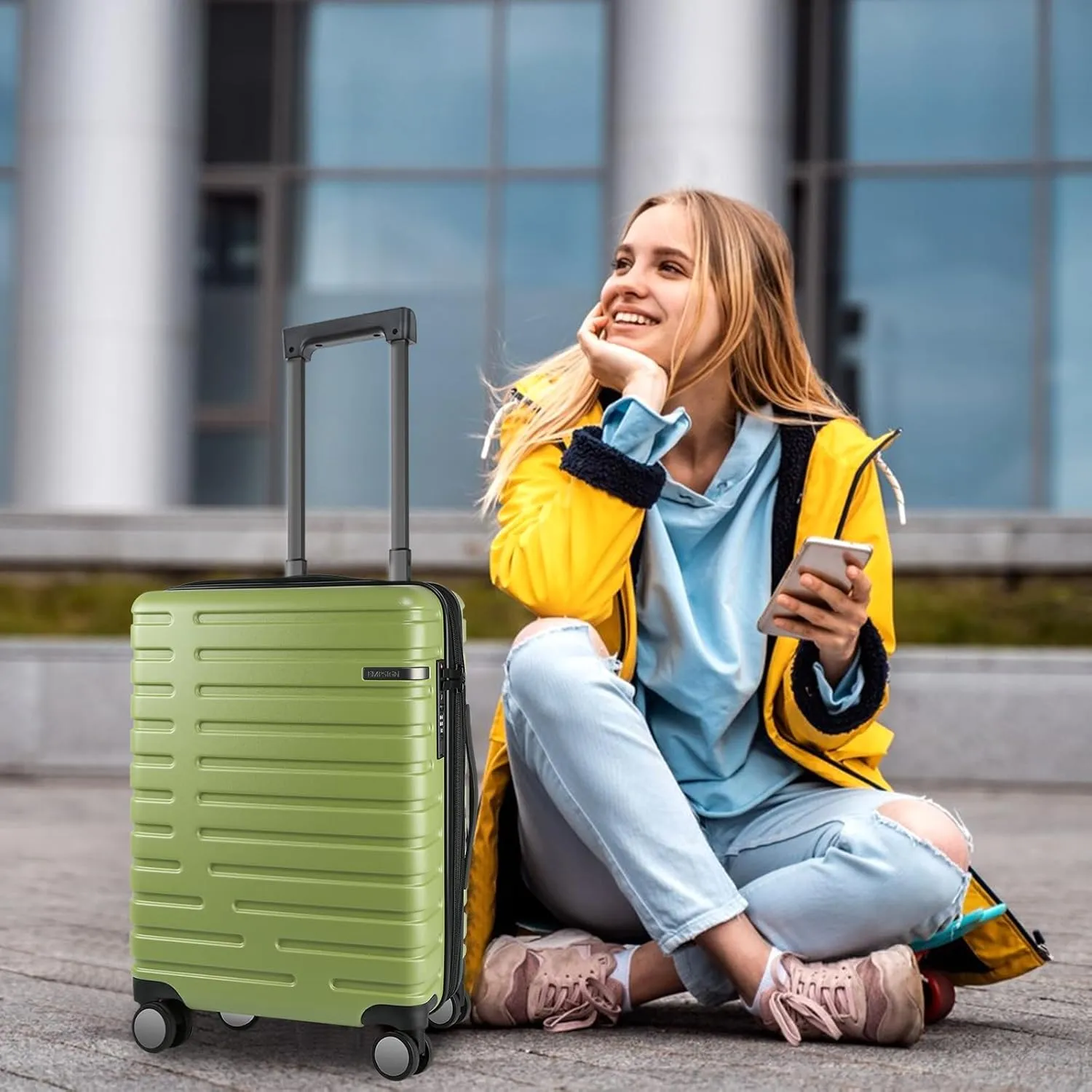 EMPSIGN Carry On Luggage with Spinner Wheels, Hard Shell Carry-On Suitcase 21x14x9 Airline Approved & Built-in TSA Lock, Durable Travel Rolling Suitcase, Carry-On 20-Inch, Green