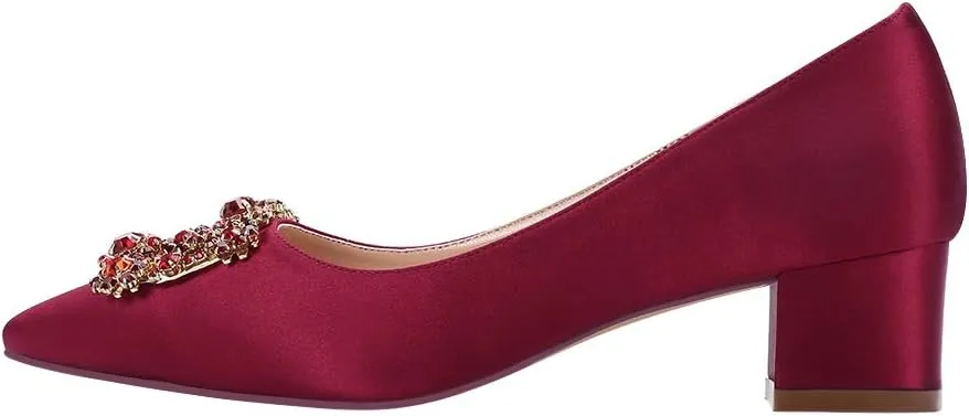 ERIJUNOR Women Comfort Chunky Heel Pointed Toe Rhinestone Wedding Evening Satin Shoes for Bride