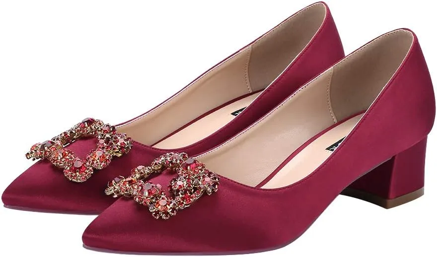 ERIJUNOR Women Comfort Chunky Heel Pointed Toe Rhinestone Wedding Evening Satin Shoes for Bride