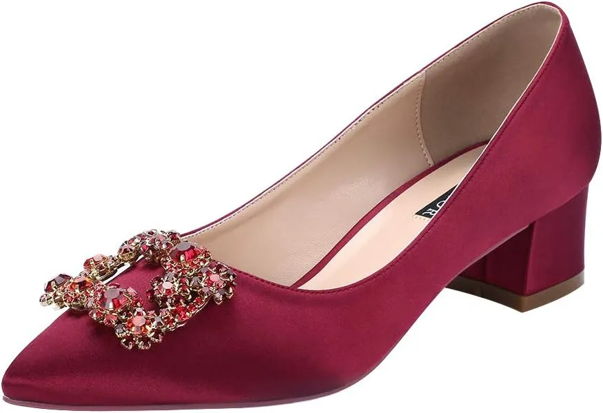 ERIJUNOR Women Comfort Chunky Heel Pointed Toe Rhinestone Wedding Evening Satin Shoes for Bride