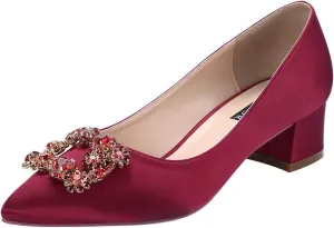 ERIJUNOR Women Comfort Chunky Heel Pointed Toe Rhinestone Wedding Evening Satin Shoes for Bride