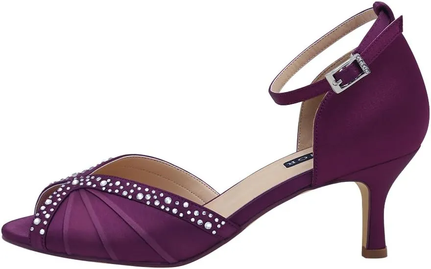 ERIJUNOR Women Comfort Low Heel Ankle Strap Rhinestones Pleat Satin Wedding Evening Dress Dance Shoes