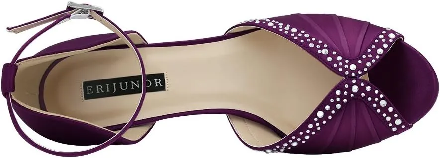 ERIJUNOR Women Comfort Low Heel Ankle Strap Rhinestones Pleat Satin Wedding Evening Dress Dance Shoes