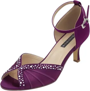 ERIJUNOR Women Comfort Low Heel Ankle Strap Rhinestones Pleat Satin Wedding Evening Dress Dance Shoes