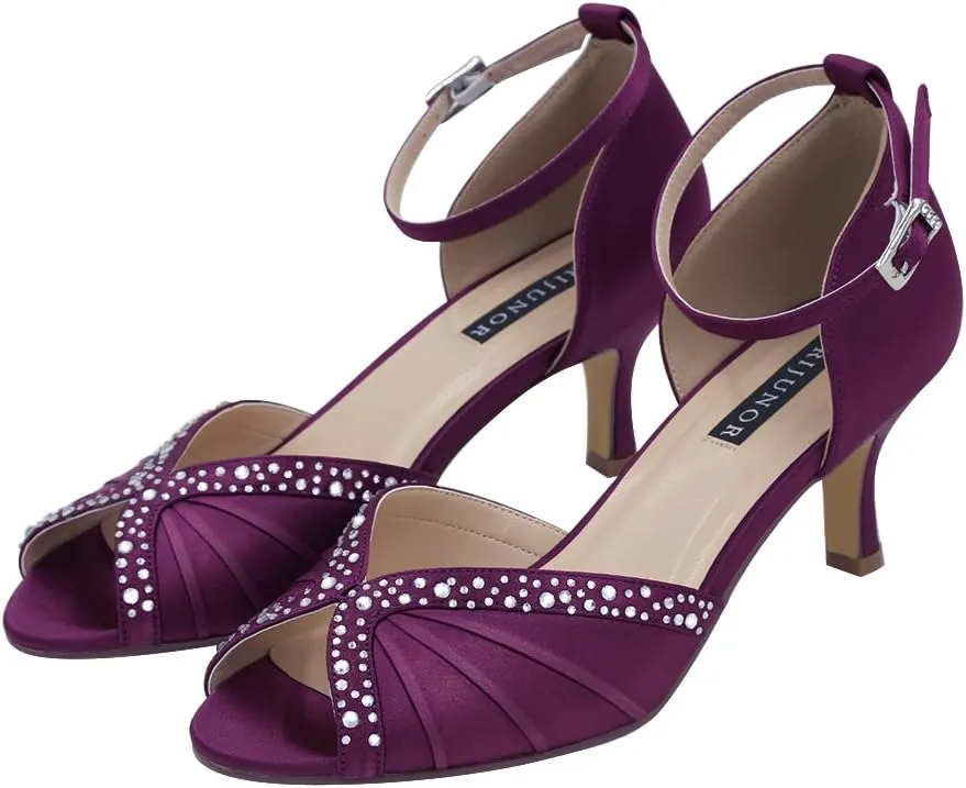 ERIJUNOR Women Comfort Low Heel Ankle Strap Rhinestones Pleat Satin Wedding Evening Dress Dance Shoes