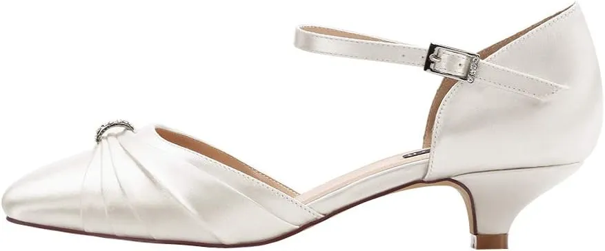 ERIJUNOR Women Comfort Low Kitten Heel Buckle Ankle Strap Satin Bridal Wedding Shoes