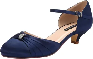 ERIJUNOR Women Comfort Low Kitten Heel Buckle Ankle Strap Satin Bridal Wedding Shoes