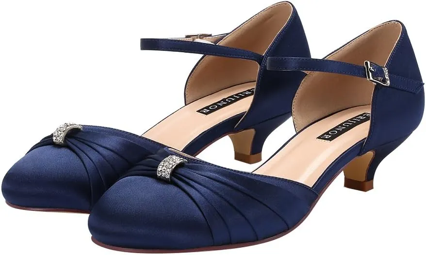 ERIJUNOR Women Comfort Low Kitten Heel Buckle Ankle Strap Satin Bridal Wedding Shoes