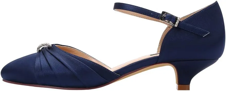 ERIJUNOR Women Comfort Low Kitten Heel Buckle Ankle Strap Satin Bridal Wedding Shoes