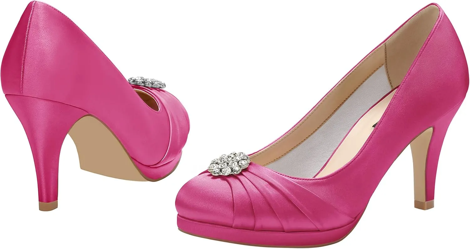 ERIJUNOR Women Comfort Mid Heel Pumps Closed-Toe Satin Wedding Evening Party Dress Shoes