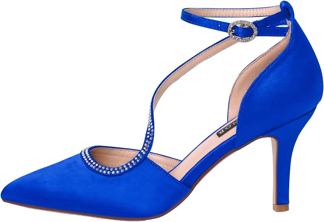 ERIJUNOR Women Comfortable Mid Heel Ankle Strappy Dress Pumps Pointed Toe Satin Wedding Evening Party Shoes