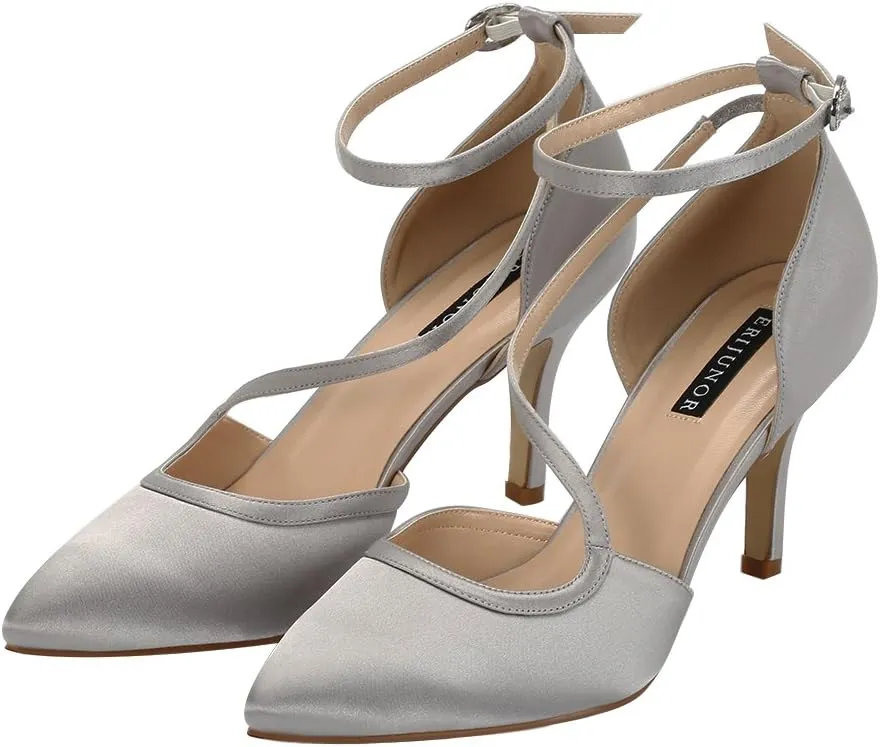 ERIJUNOR Women Comfortable Mid Heel Ankle Strappy Dress Pumps Pointed Toe Satin Wedding Evening Party Shoes