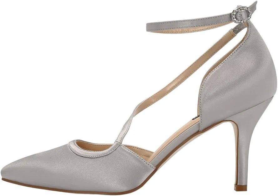 ERIJUNOR Women Comfortable Mid Heel Ankle Strappy Dress Pumps Pointed Toe Satin Wedding Evening Party Shoes