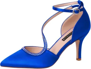 ERIJUNOR Women Comfortable Mid Heel Ankle Strappy Dress Pumps Pointed Toe Satin Wedding Evening Party Shoes
