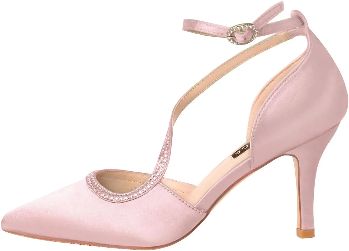 ERIJUNOR Women Comfortable Mid Heel Ankle Strappy Dress Pumps Pointed Toe Satin Wedding Evening Party Shoes