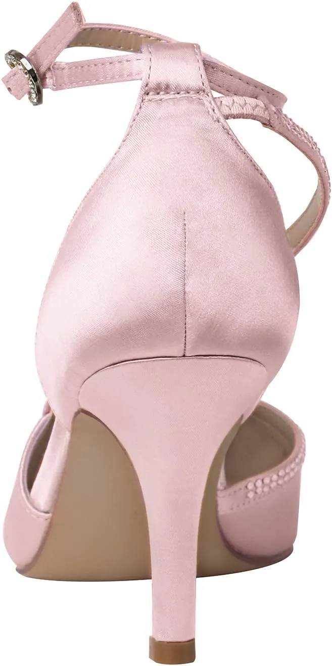 ERIJUNOR Women Comfortable Mid Heel Ankle Strappy Dress Pumps Pointed Toe Satin Wedding Evening Party Shoes