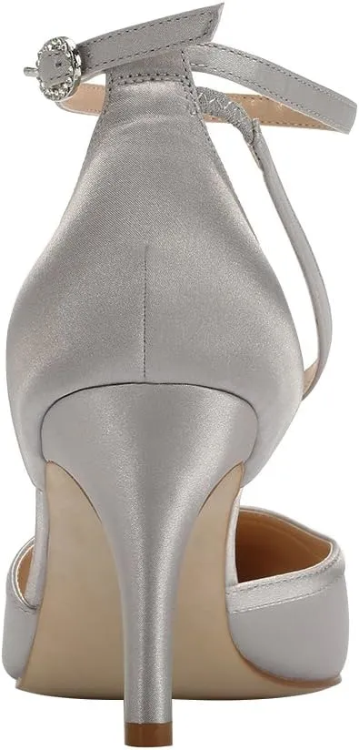 ERIJUNOR Women Comfortable Mid Heel Ankle Strappy Dress Pumps Pointed Toe Satin Wedding Evening Party Shoes