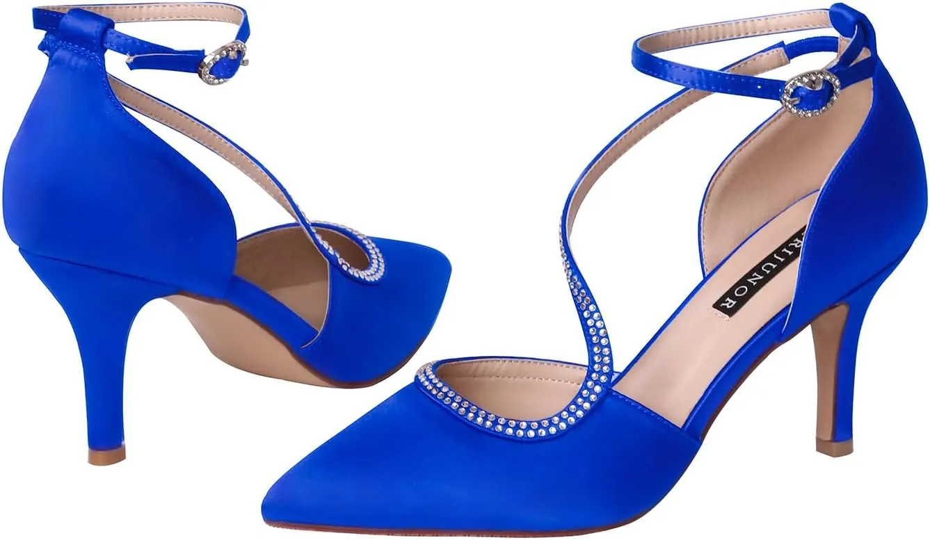 ERIJUNOR Women Comfortable Mid Heel Ankle Strappy Dress Pumps Pointed Toe Satin Wedding Evening Party Shoes