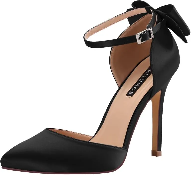 ERIJUNOR Women High Heel Bow Ankle Strap Evening Party Dance Wedding Satin Shoes