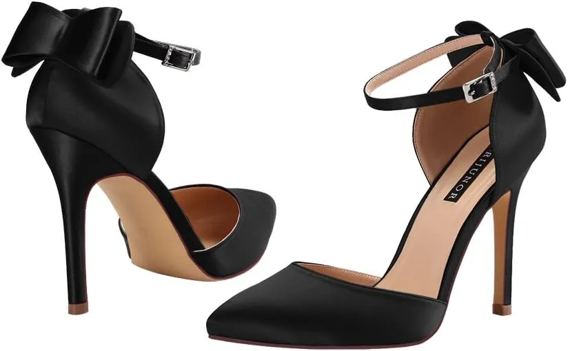 ERIJUNOR Women High Heel Bow Ankle Strap Evening Party Dance Wedding Satin Shoes