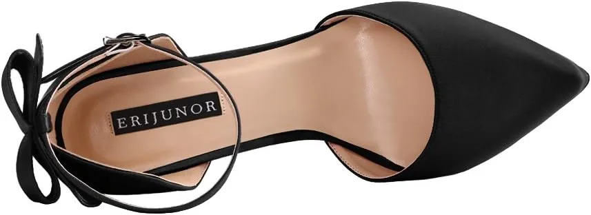 ERIJUNOR Women High Heel Bow Ankle Strap Evening Party Dance Wedding Satin Shoes