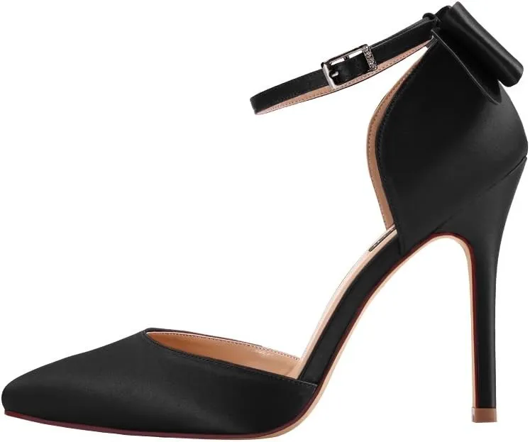 ERIJUNOR Women High Heel Bow Ankle Strap Evening Party Dance Wedding Satin Shoes