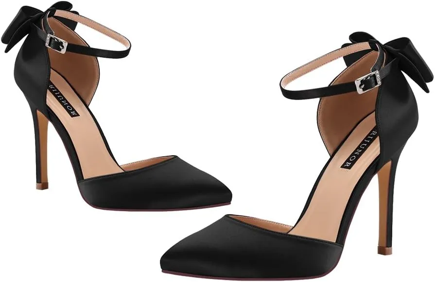 ERIJUNOR Women High Heel Bow Ankle Strap Evening Party Dance Wedding Satin Shoes