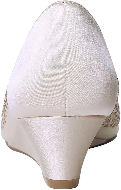 ERIJUNOR Women Peep Toe Pumps Middel Heel Wedges Sparkle Rhinestone Wedding Bridal Shoes