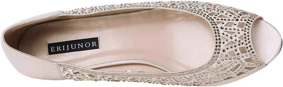 ERIJUNOR Women Peep Toe Pumps Middel Heel Wedges Sparkle Rhinestone Wedding Bridal Shoes