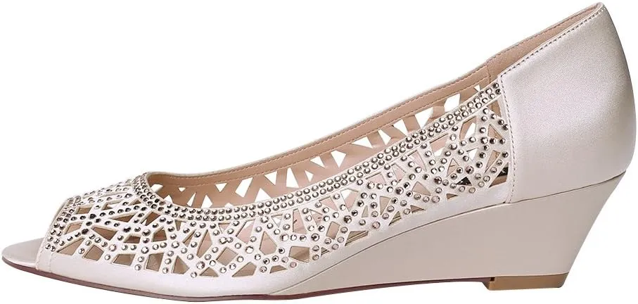 ERIJUNOR Women Peep Toe Pumps Middel Heel Wedges Sparkle Rhinestone Wedding Bridal Shoes