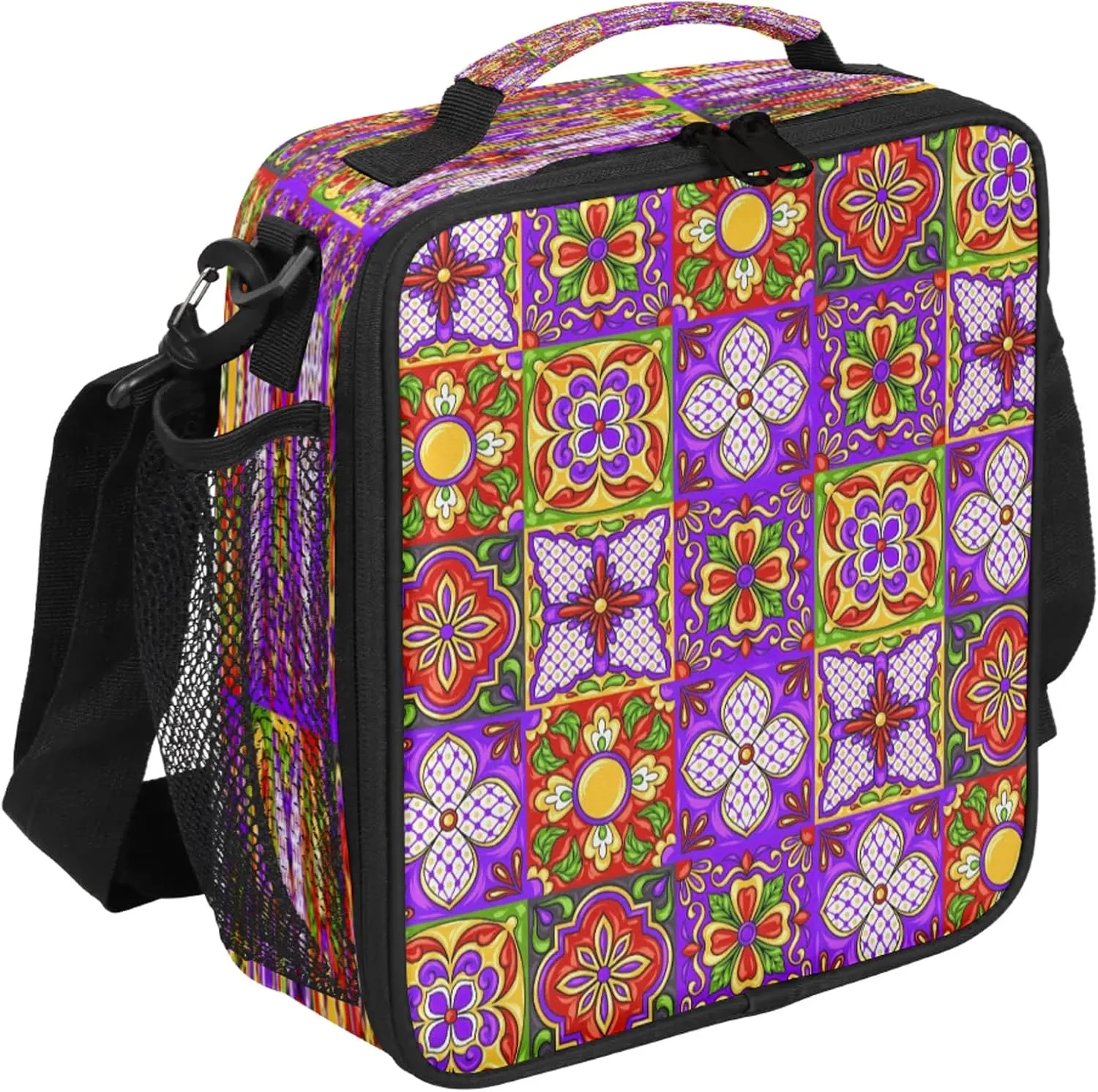 Ethnic Ceramic Tile Pattern Lunch Box Reusable Insulated Lunch Bag with Shoulder Strap Lunch Tote Bag for Teens Students Portable Large Capacity Women Men Work Picnic Camping